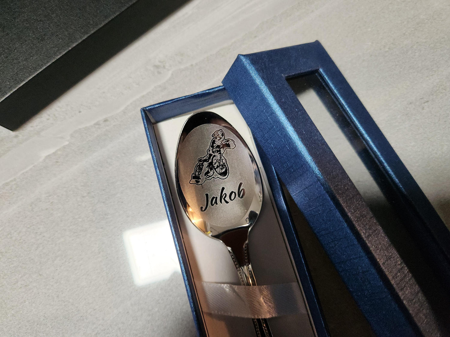 Engraved Speedway Rider Spoon: Personalized Motorbike Racing Gift