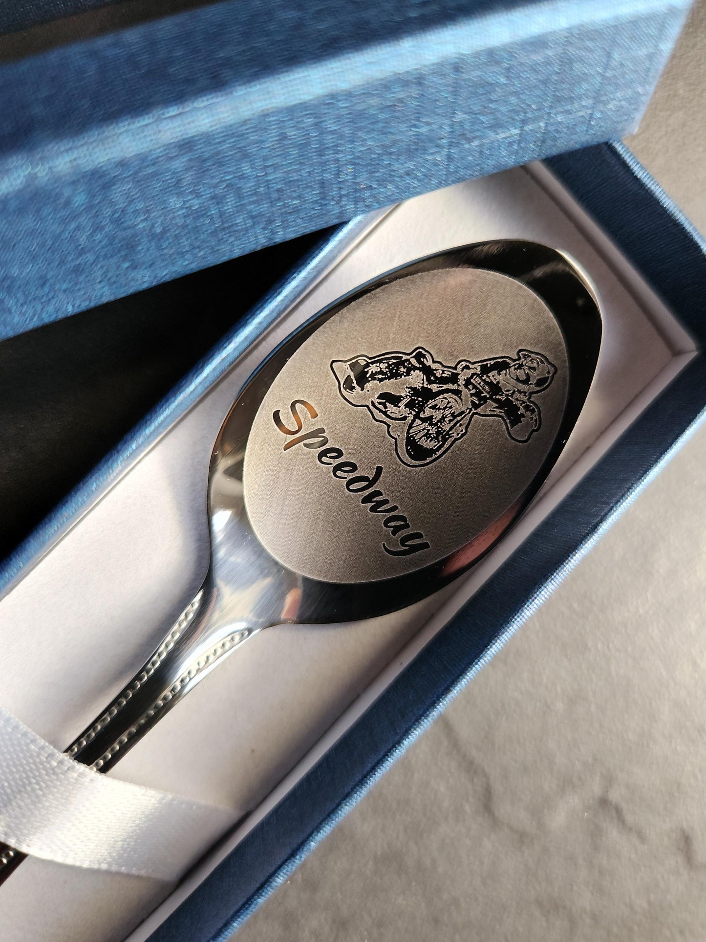 Engraved Speedway Rider Spoon: Personalized Motorbike Racing Gift