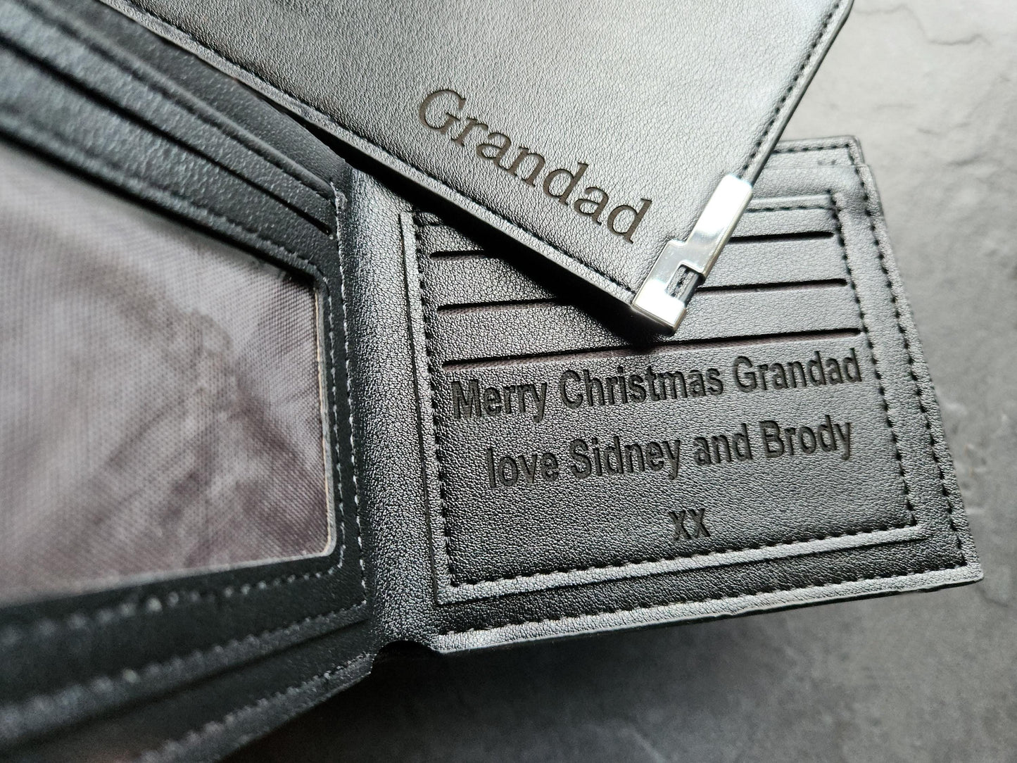 Personalized Custom Engraved Black Leather PU Wallet - Fathers Day, Grandad, Grumps, Daddy, Dad, Birthday, Anniversary Unique Gift