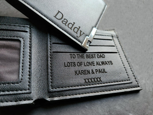 Personalized Custom Engraved Black Leather PU Wallet - Fathers Day, Grandad, Grumps, Daddy, Dad, Birthday, Anniversary Unique Gift