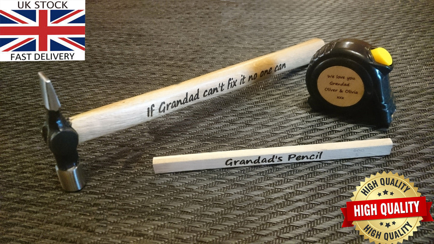 Personalised Laser Engraved Measuring Tape, Hammer & Pencil Father Custom Birthday Gift
