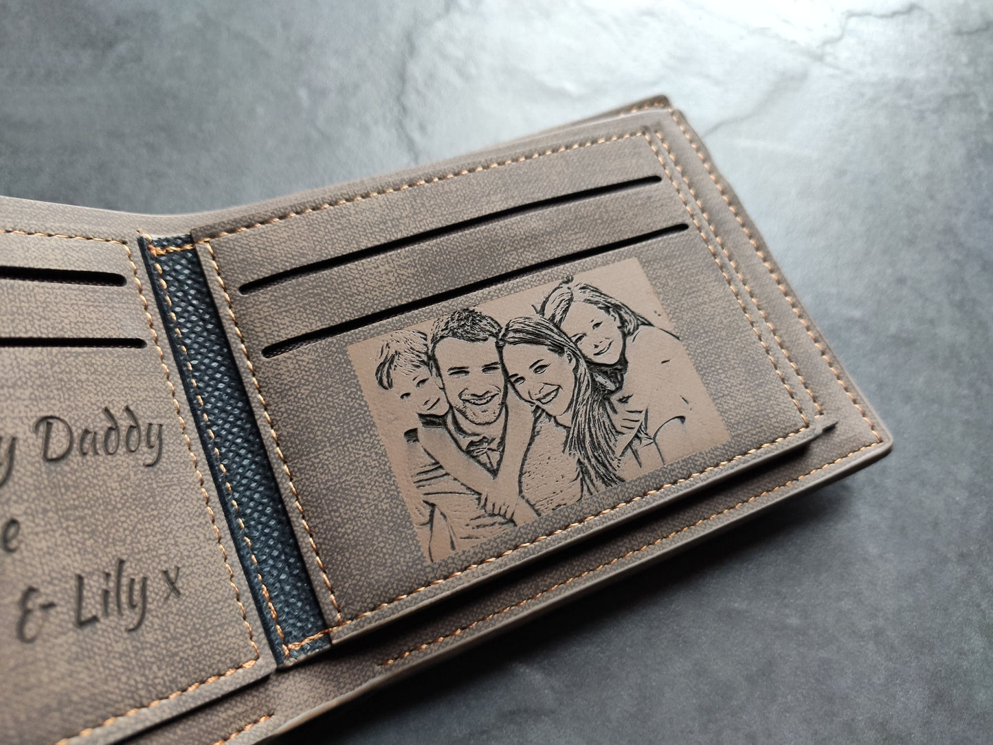 Men's Custom Photo Engraved Brown Wallet - Unique Gift - Personalised Text and Photo - Dad, Grandad, Stepdad, Uncle, Godfather, Son