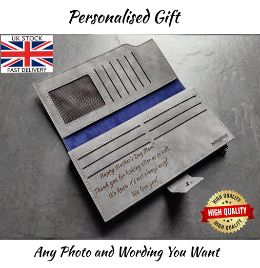 Women's Personalized Photo Engraved Long Purse - Custom Ladies Wallet - Womens Clutch Purse Personalised Gift for Her - Card Holder Coin Zip