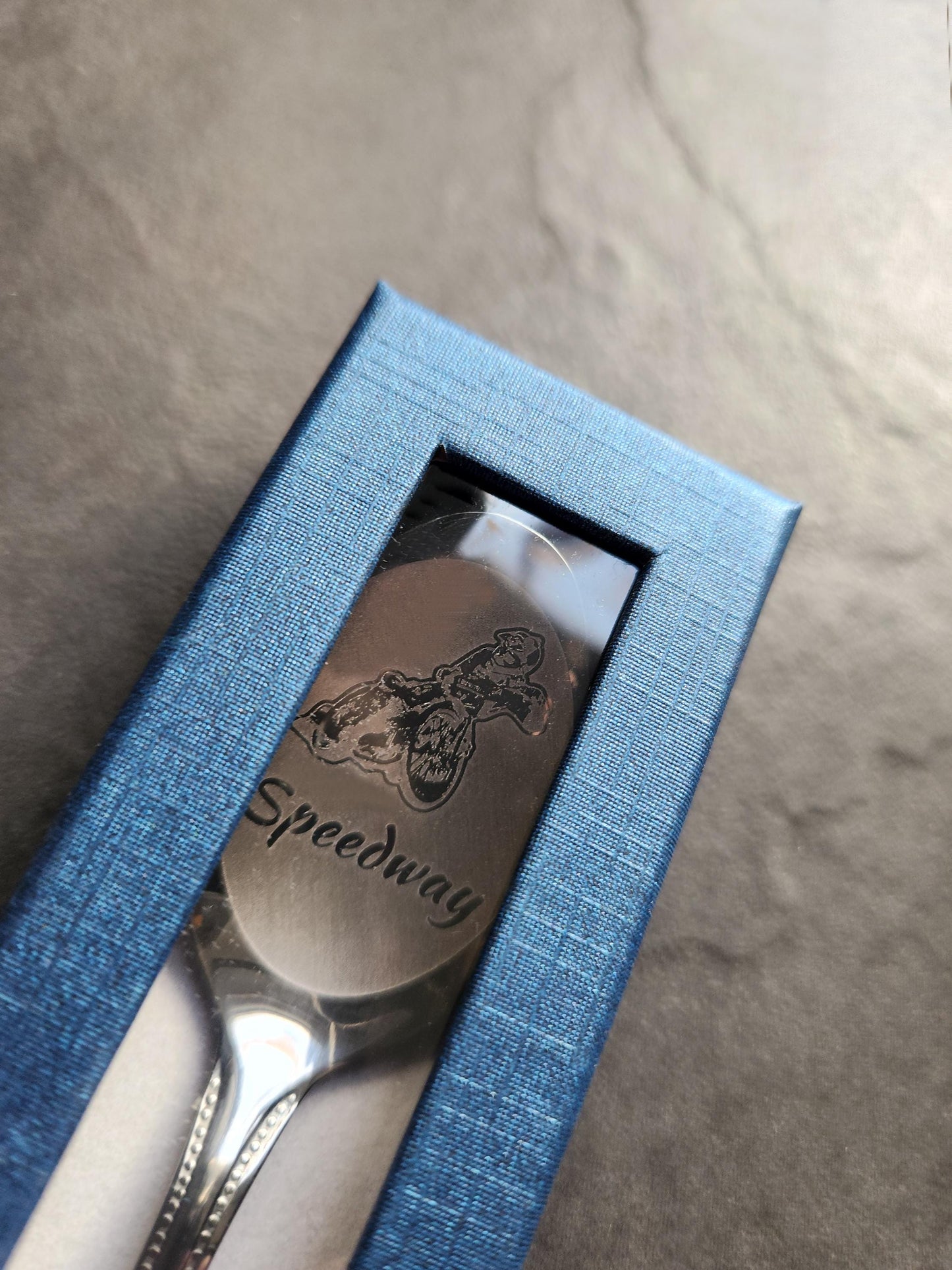 Engraved Speedway Rider Spoon: Personalized Motorbike Racing Gift