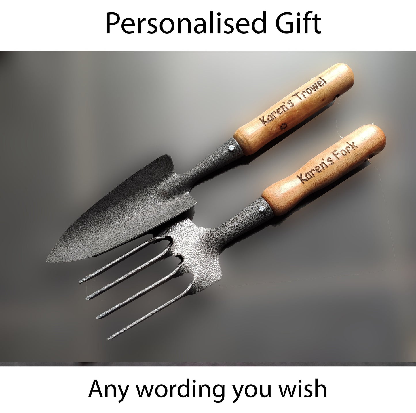 Personalised Engraved Home Gardening Tools Set Gift Retirement Fork Shovel Spade Custom Present Thank you Wooden Steel