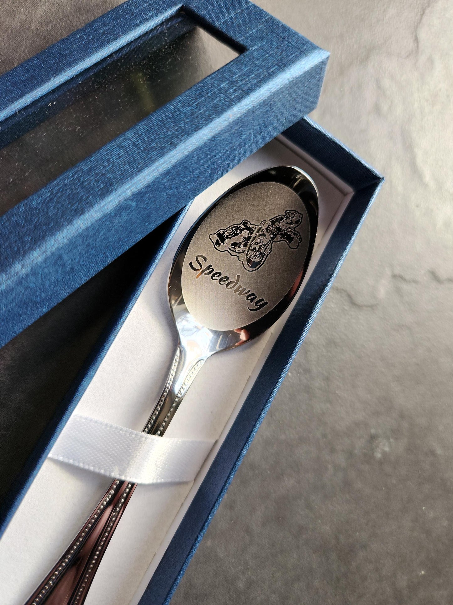 Engraved Speedway Rider Spoon: Personalized Motorbike Racing Gift