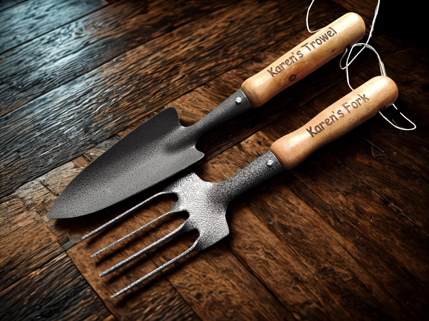 Personalised Engraved Home Gardening Tools Set Gift Retirement Fork Shovel Spade Custom Present Thank you Wooden Steel