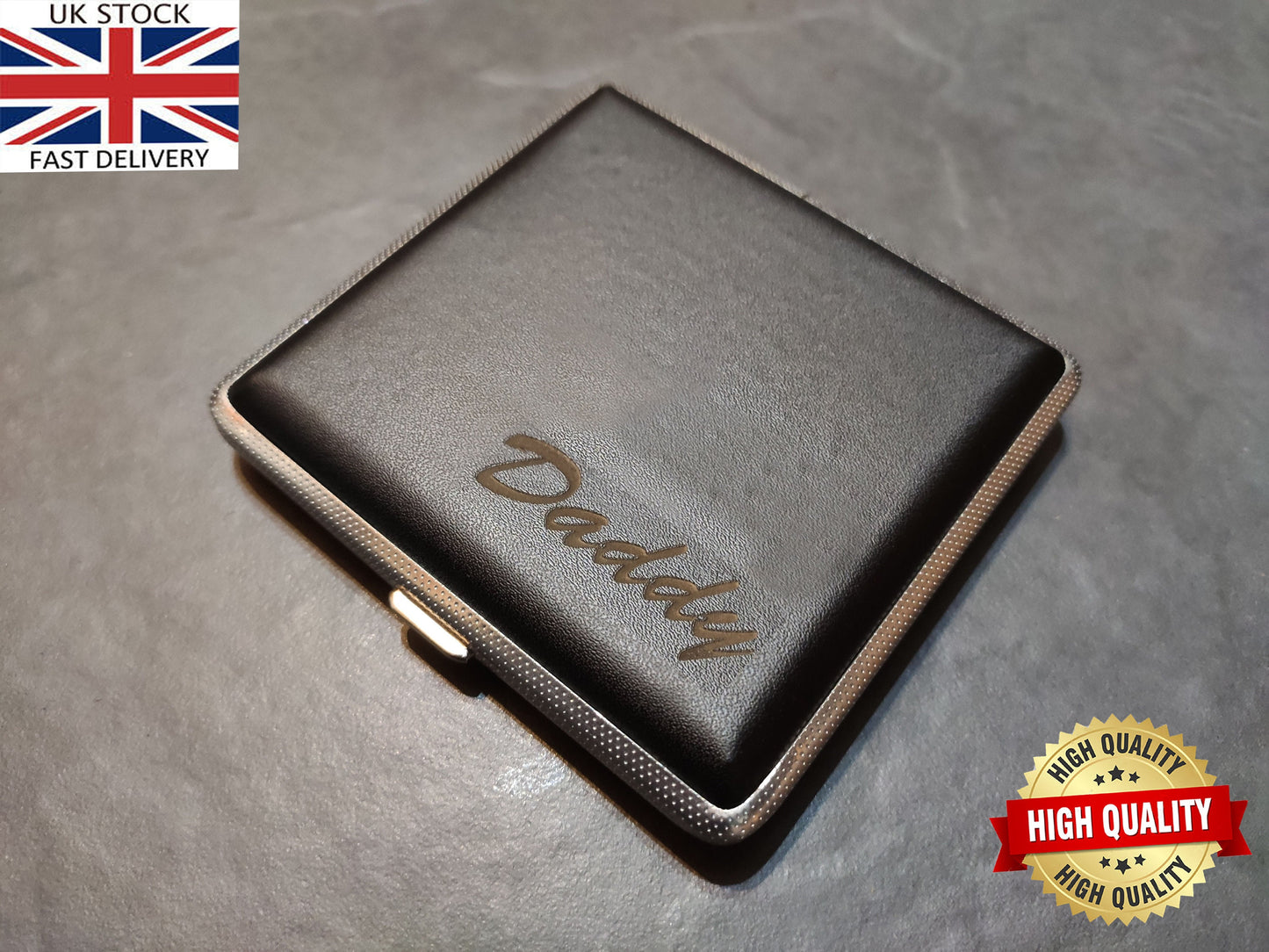 Laser Engraved Tobacco 20 Cigarette Black Tin Case Leather Personalised Gift Unusual