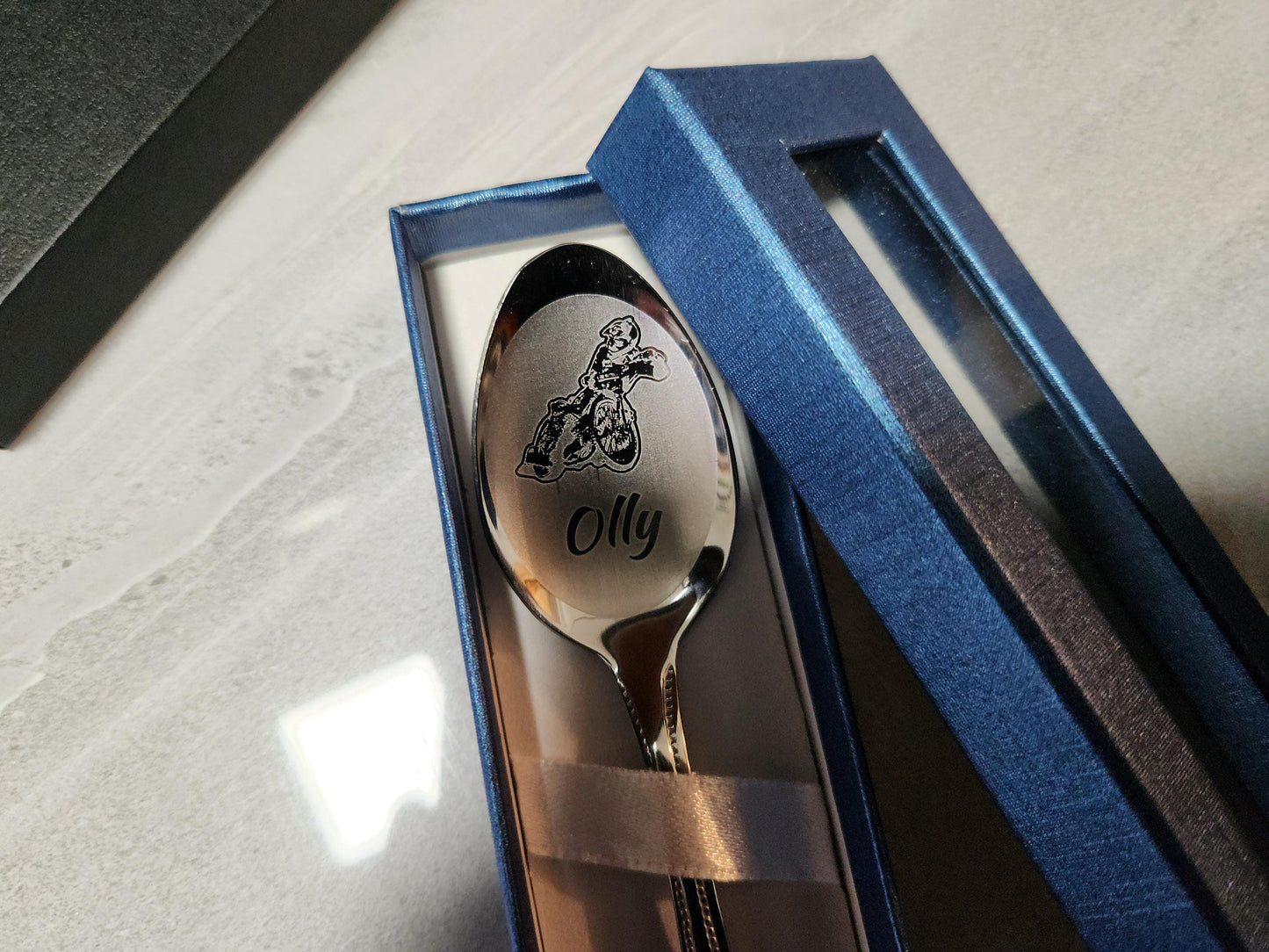 Engraved Speedway Rider Spoon: Personalized Motorbike Racing Gift