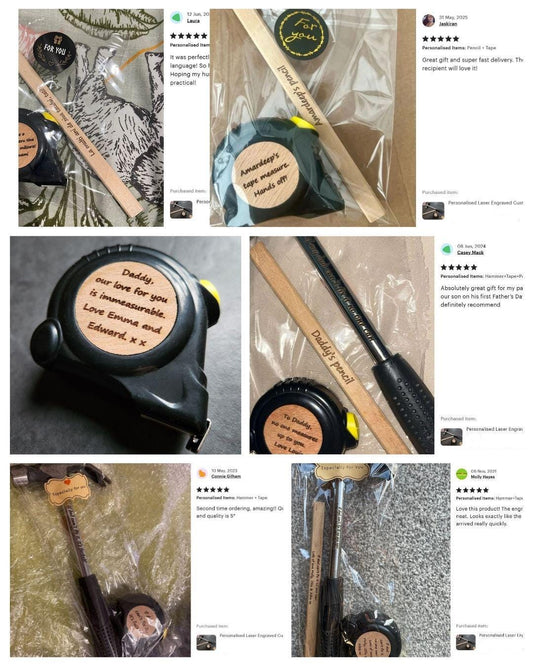 Personalized Laser Engraved Tool Set: Custom Hammer, Tape, Pencil