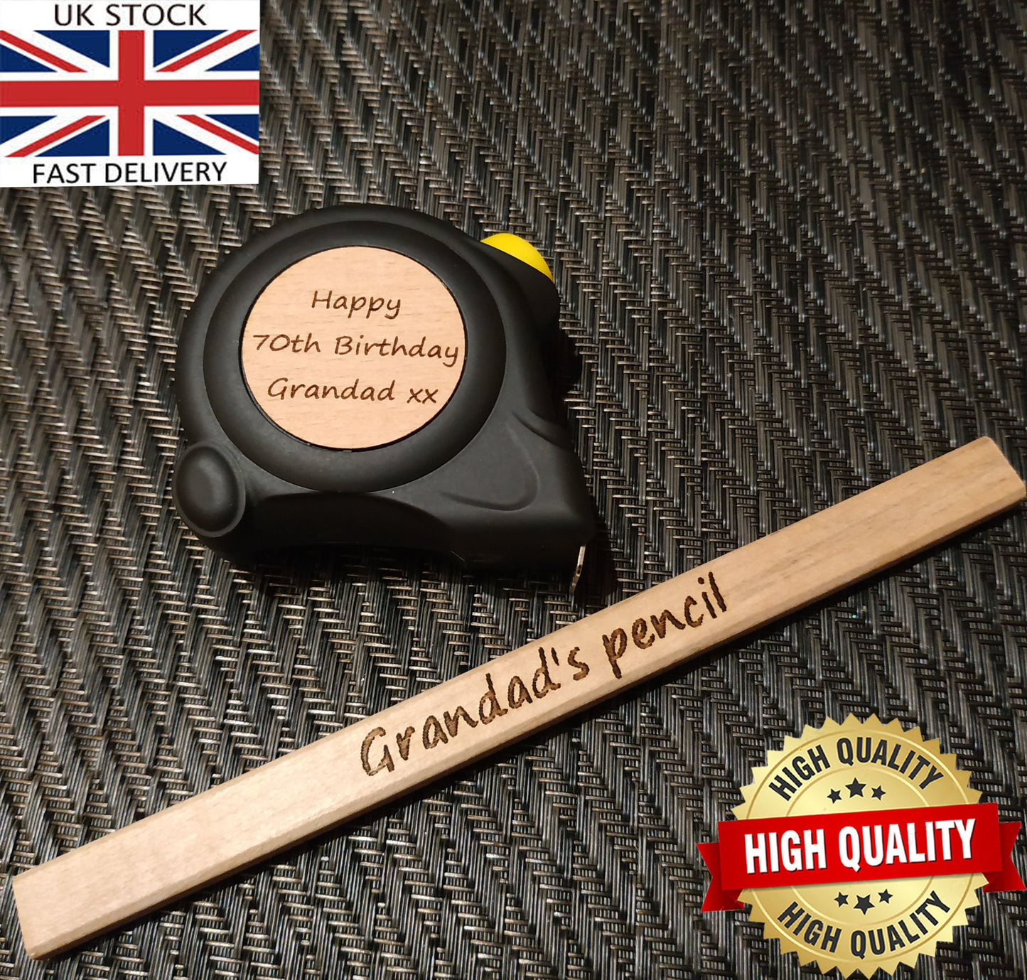 Personalised Laser Engraved Measuring Tape, Hammer & Pencil Father Custom Birthday Gift