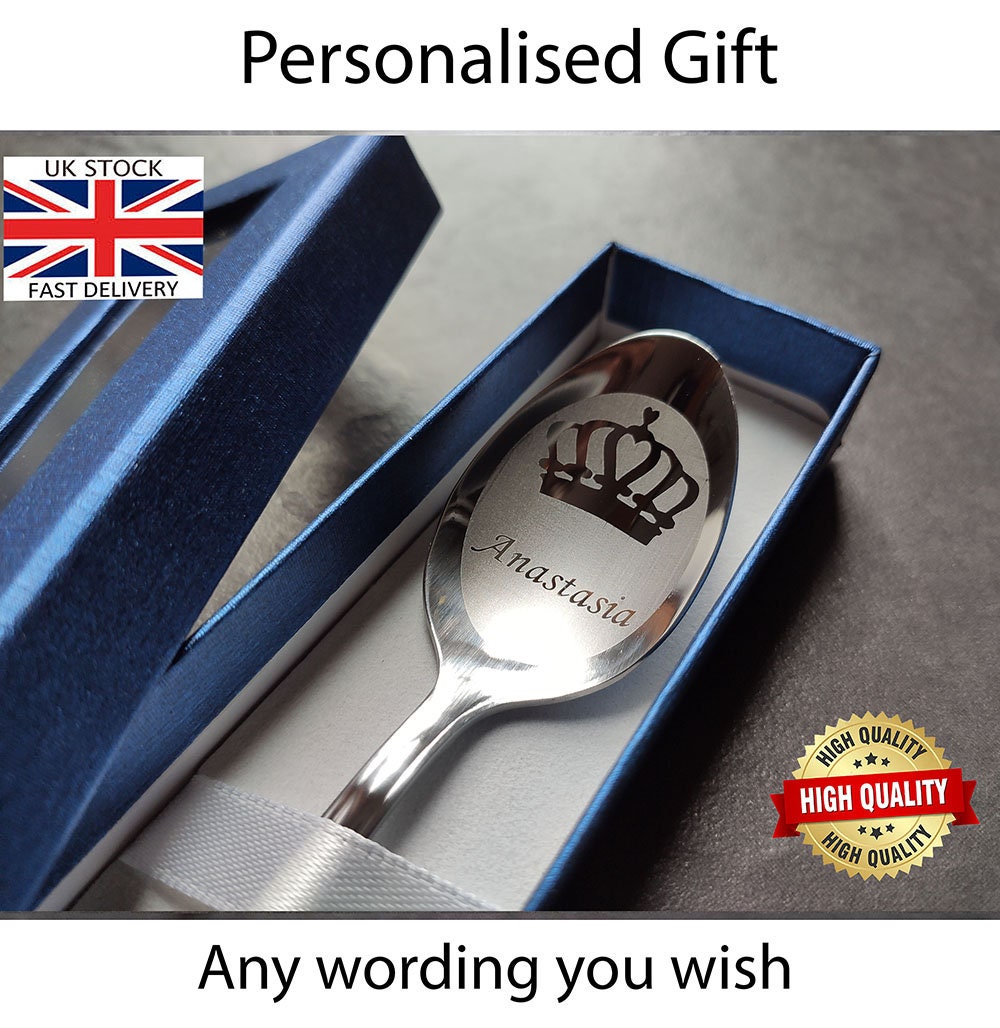 Personalised Laser Engraved Tea Coffee Spoon gift Custom name Crown Theme
