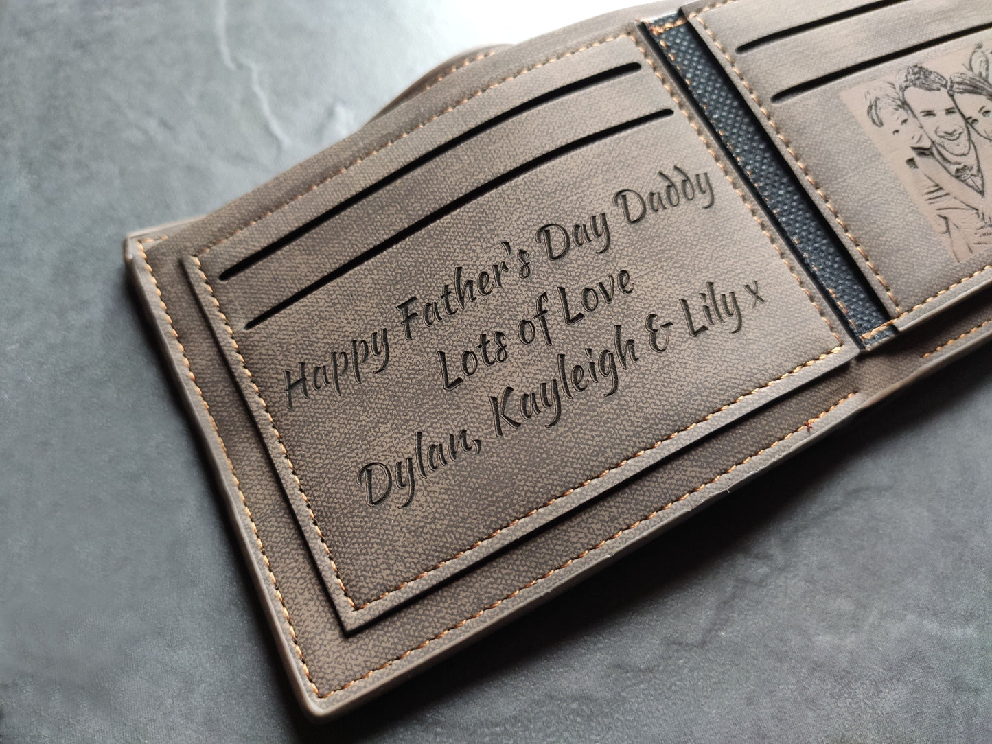 Men's Custom Photo Engraved Brown Wallet - Unique Gift - Personalised Text and Photo - Dad, Grandad, Stepdad, Uncle, Godfather, Son