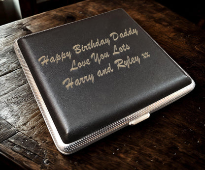 Laser Engraved Tobacco 20 Cigarette Black Tin Case Leather Personalised Gift Unusual