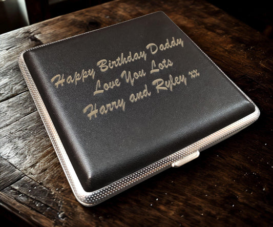 Laser Engraved Tobacco 20 Cigarette Black Tin Case Leather Personalised Gift Unusual