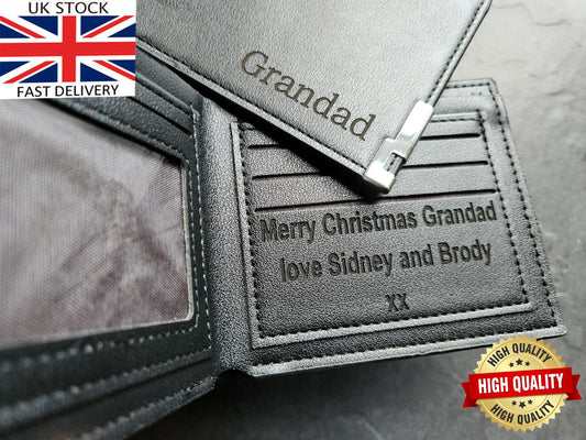 Personalized Custom Engraved Black Leather PU Wallet - Fathers Day, Grandad, Grumps, Daddy, Dad, Birthday, Anniversary Unique Gift
