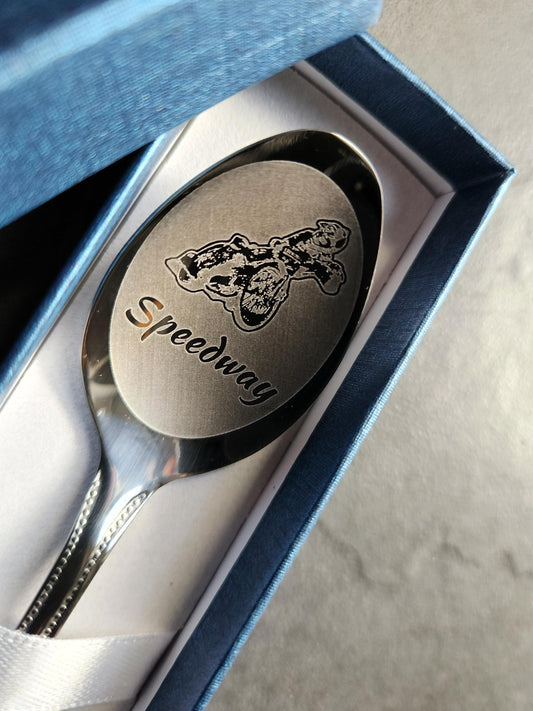 Engraved Speedway Rider Spoon: Personalized Motorbike Racing Gift