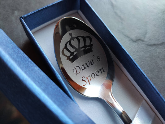 Personalised Laser Engraved Tea Coffee Spoon gift Custom name Crown Theme