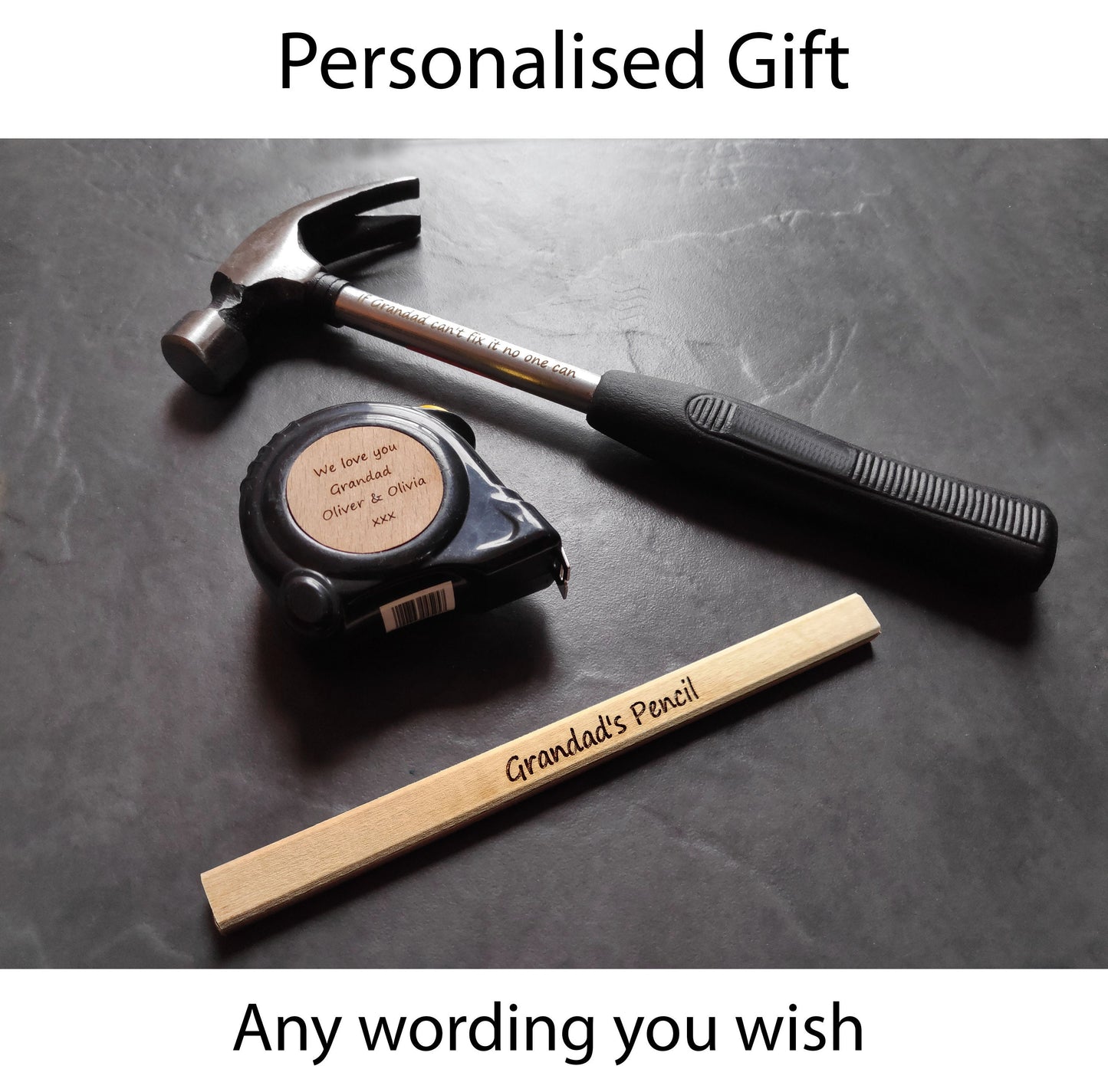 Personalized Laser Engraved Tool Set: Custom Hammer, Tape, Pencil