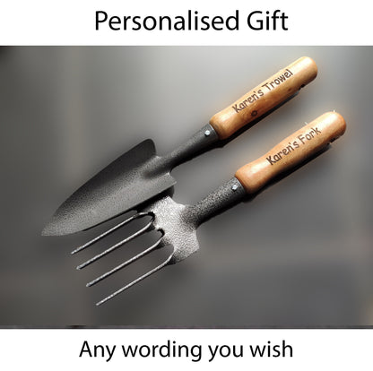 Personalised Engraved Home Gardening Tools Set Gift Retirement Fork Shovel Spade Custom Present Thank you Wooden Steel