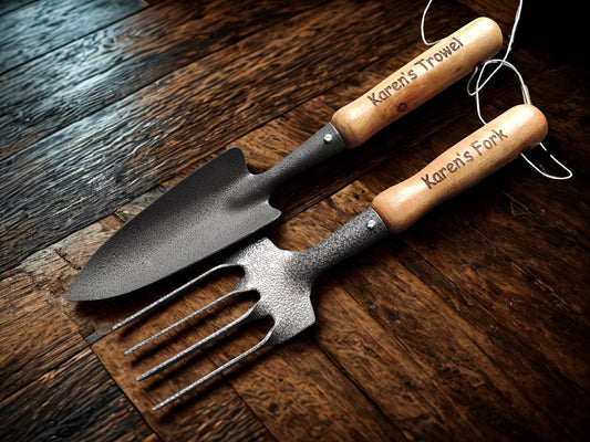Personalised Engraved Home Gardening Tools Set Gift Retirement Fork Shovel Spade Custom Present Thank you Wooden Steel
