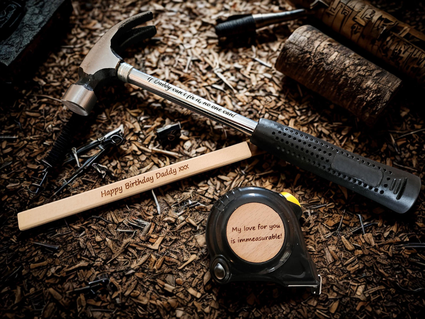 Personalized Laser Engraved Tool Set: Custom Hammer, Tape, Pencil
