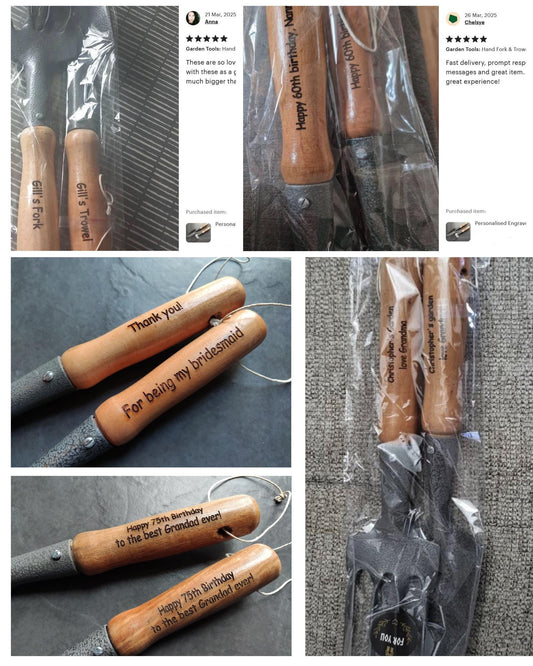 Personalised Engraved Home Gardening Tools Set Gift Retirement Fork Shovel Spade Custom Present Thank you Wooden Steel