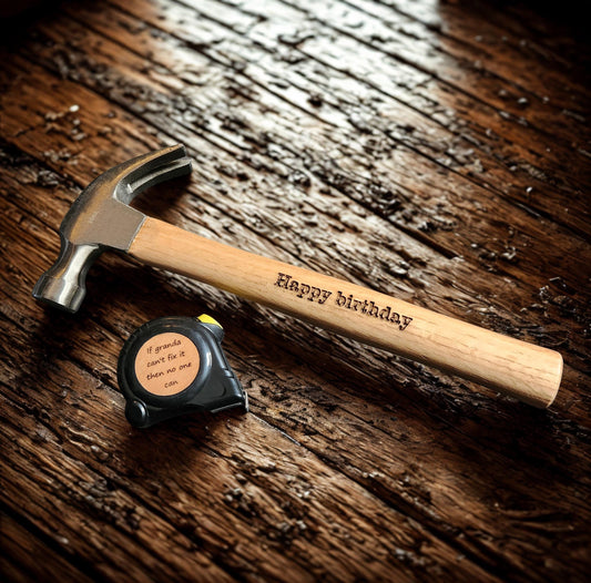 Personalised Engraved 16 oz Hammer and Measuring Tape 3m Gift for Him Men Grandad Dad - Retirement, Birthday, Anniversary, Christmas present