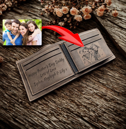 Men's Custom Photo Engraved Brown Wallet - Unique Gift - Personalised Text and Photo - Dad, Grandad, Stepdad, Uncle, Godfather, Son