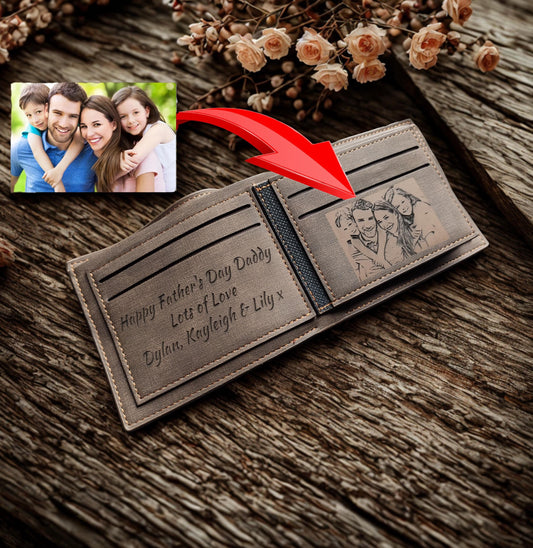 Men's Custom Photo Engraved Brown Wallet - Unique Gift - Personalised Text and Photo - Dad, Grandad, Stepdad, Uncle, Godfather, Son