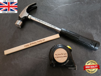 Personalized Laser Engraved Tool Set: Custom Hammer, Tape, Pencil