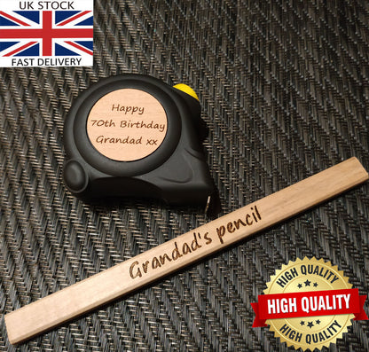 Personalised Laser Engraved Measuring Tape, Hammer & Pencil Father Custom Birthday Gift