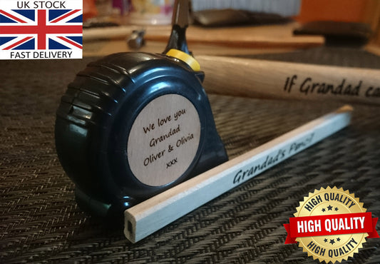 Personalised Laser Engraved Measuring Tape, Hammer & Pencil Father Custom Birthday Gift