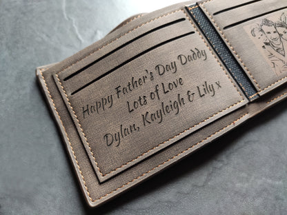 Men's Custom Photo Engraved Brown Wallet - Unique Gift - Personalised Text and Photo - Dad, Grandad, Stepdad, Uncle, Godfather, Son